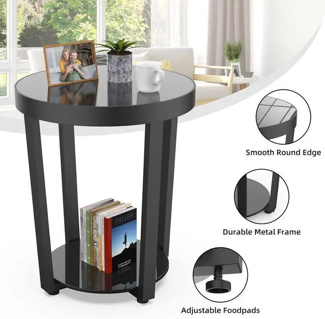 Alt view image 5 of 7 - Round End Table, Tempered Glass End Table with Metal Frame, Small Coffee Table, Black Sofa Side Table for Living Room, Balcony, Bedroom
