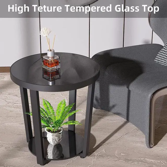 Alt view image 4 of 7 - Round End Table, Tempered Glass End Table with Metal Frame, Small Coffee Table, Black Sofa Side Table for Living Room, Balcony, Bedroom