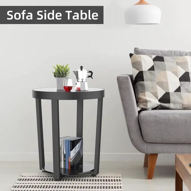 Alt view image 6 of 7 - Round End Table, Tempered Glass End Table with Metal Frame, Small Coffee Table, Black Sofa Side Table for Living Room, Balcony, Bedroom