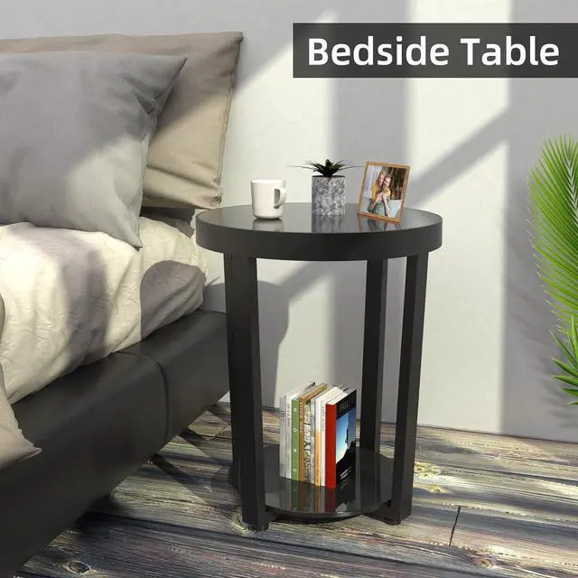 Alt view image 7 of 7 - Round End Table, Tempered Glass End Table with Metal Frame, Small Coffee Table, Black Sofa Side Table for Living Room, Balcony, Bedroom