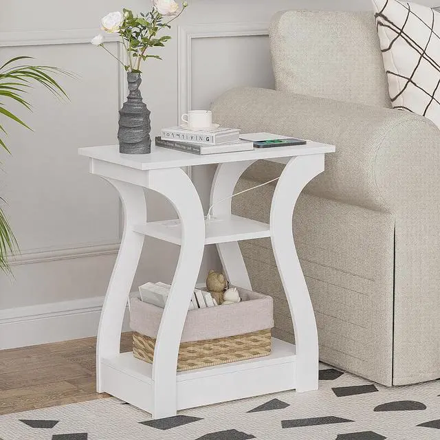 Main image of End Tables Living Room, White End Table with Charging Station,White Side Table, Nightstand for Bedroom, 3 Tier End Table with Storage Shelf for Living Room
