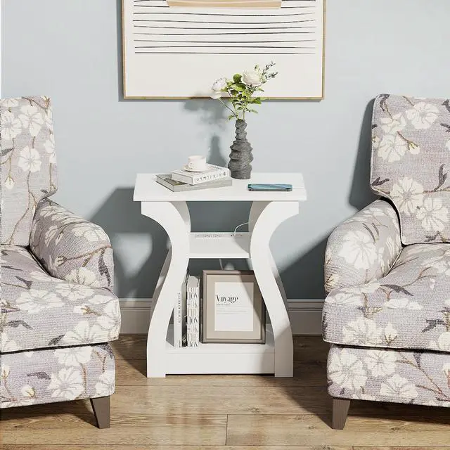 Alt view image 3 of 7 - End Tables Living Room, White End Table with Charging Station,White Side Table, Nightstand for Bedroom, 3 Tier End Table with Storage Shelf for Living Room