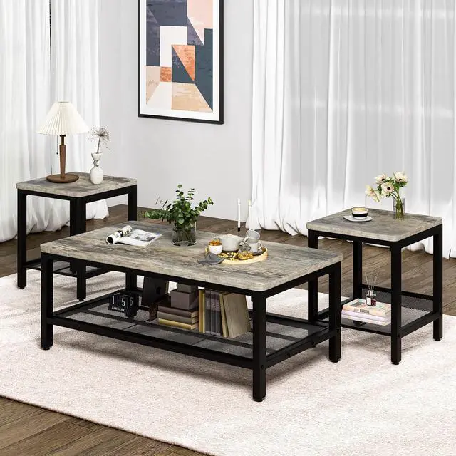 Main image of Lamerge 3 Pieces Living Room Table Set, Industrial Coffee Table with 2 Square End Side Tables, Coffee Table Set with Metal Frame for Apartment Home Office (Grey)