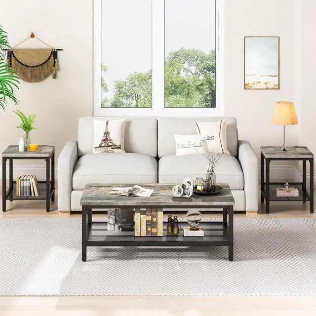 Alt view image 2 of 7 - Lamerge 3 Pieces Living Room Table Set, Industrial Coffee Table with 2 Square End Side Tables, Coffee Table Set with Metal Frame for Apartment Home Office (Grey)