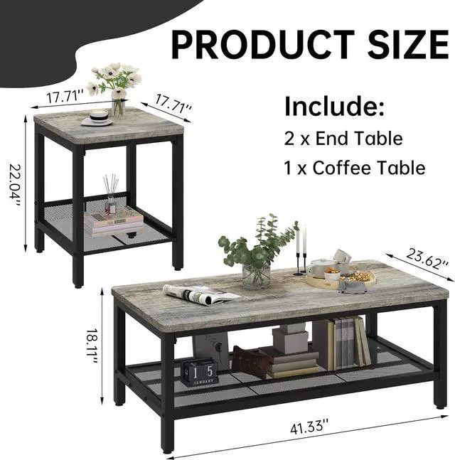 Alt view image 4 of 7 - Lamerge 3 Pieces Living Room Table Set, Industrial Coffee Table with 2 Square End Side Tables, Coffee Table Set with Metal Frame for Apartment Home Office (Grey)
