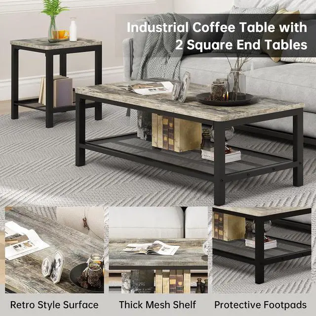 Alt view image 3 of 7 - Lamerge 3 Pieces Living Room Table Set, Industrial Coffee Table with 2 Square End Side Tables, Coffee Table Set with Metal Frame for Apartment Home Office (Grey)