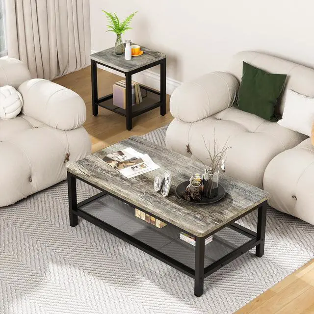 Alt view image 6 of 7 - Lamerge 3 Pieces Living Room Table Set, Industrial Coffee Table with 2 Square End Side Tables, Coffee Table Set with Metal Frame for Apartment Home Office (Grey)