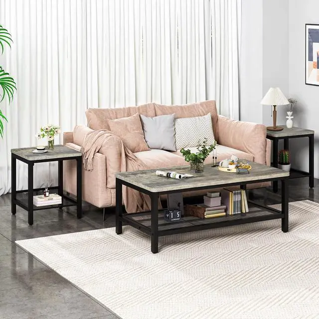 Alt view image 7 of 7 - Lamerge 3 Pieces Living Room Table Set, Industrial Coffee Table with 2 Square End Side Tables, Coffee Table Set with Metal Frame for Apartment Home Office (Grey)