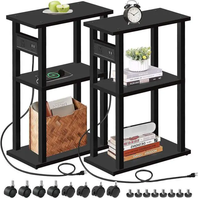 Main image of TUTOTAK Small Narrow Side Table with Charging Station, Set of 2 Skinny End Table for Small Spaces, Slim Nightstand with USB Ports and Outlet,Sofa Beside Table with Wheels, Black TB01BK047