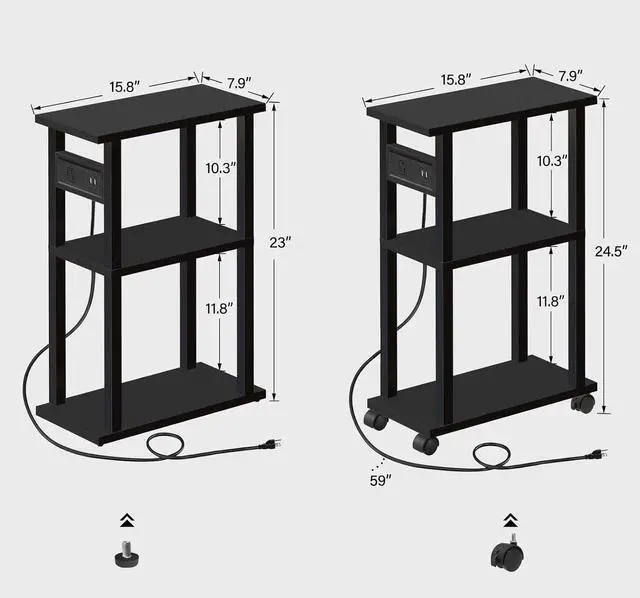 Alt view image 3 of 7 - TUTOTAK Small Narrow Side Table with Charging Station, Set of 2 Skinny End Table for Small Spaces, Slim Nightstand with USB Ports and Outlet,Sofa Beside Table with Wheels, Black TB01BK047