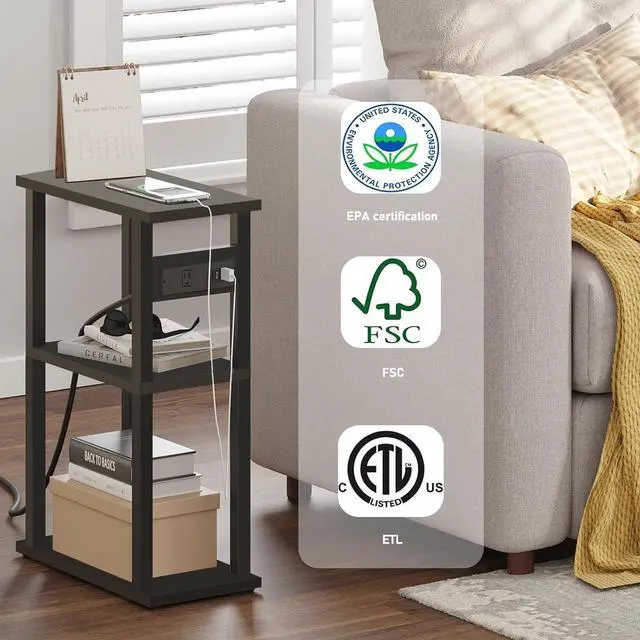 Alt view image 4 of 7 - TUTOTAK Small Narrow Side Table with Charging Station, Set of 2 Skinny End Table for Small Spaces, Slim Nightstand with USB Ports and Outlet,Sofa Beside Table with Wheels, Black TB01BK047