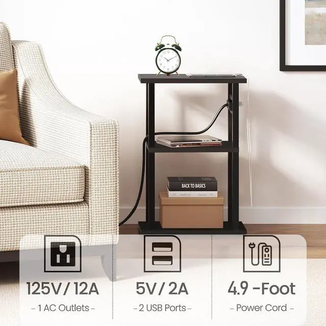 Alt view image 5 of 7 - TUTOTAK Small Narrow Side Table with Charging Station, Set of 2 Skinny End Table for Small Spaces, Slim Nightstand with USB Ports and Outlet,Sofa Beside Table with Wheels, Black TB01BK047