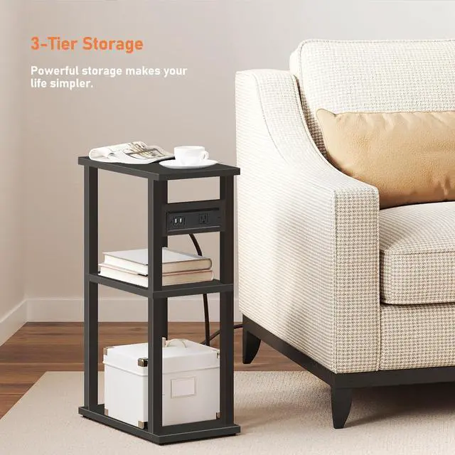 Alt view image 6 of 7 - TUTOTAK Small Narrow Side Table with Charging Station, Set of 2 Skinny End Table for Small Spaces, Slim Nightstand with USB Ports and Outlet,Sofa Beside Table with Wheels, Black TB01BK047