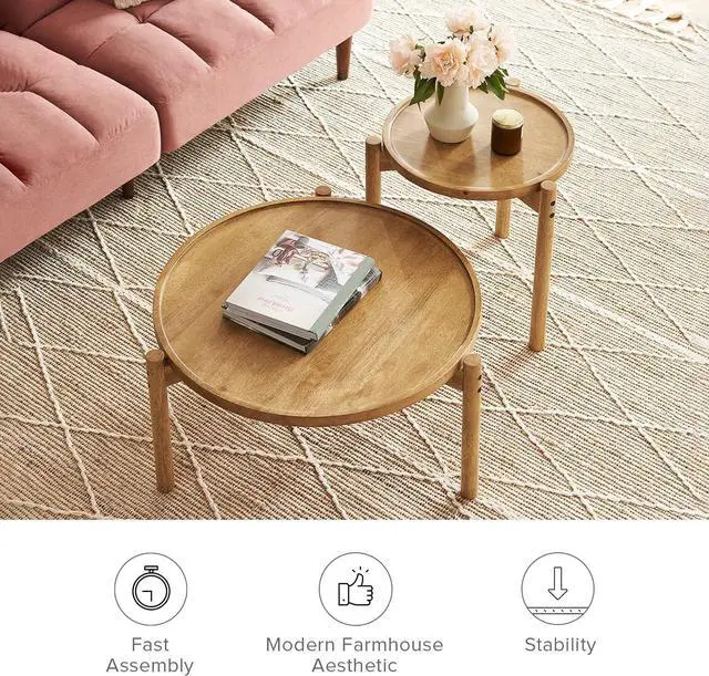 Alt view image 5 of 7 - mopio Dylan Coffee Table, Small Round Coffee Table Set, 2 Piece Solid Wood, Boho, Farmhouse, Rustic, Modern, Circle, Living Room Table, Nesting Tables, with Sturdy Durable 3-Leg (Round Nesting Tables)