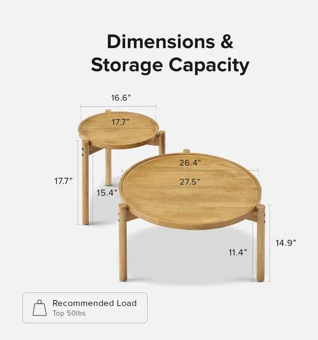 Alt view image 2 of 7 - mopio Dylan Coffee Table, Small Round Coffee Table Set, 2 Piece Solid Wood, Boho, Farmhouse, Rustic, Modern, Circle, Living Room Table, Nesting Tables, with Sturdy Durable 3-Leg (Round Nesting Tables)