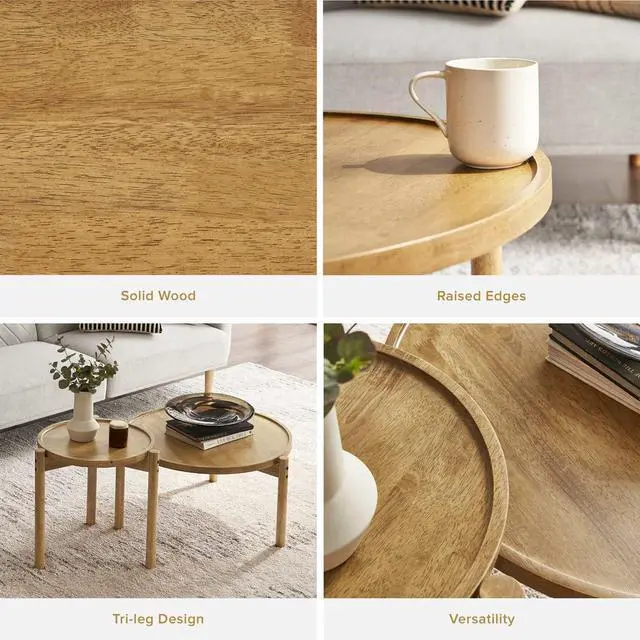 Alt view image 4 of 7 - mopio Dylan Coffee Table, Small Round Coffee Table Set, 2 Piece Solid Wood, Boho, Farmhouse, Rustic, Modern, Circle, Living Room Table, Nesting Tables, with Sturdy Durable 3-Leg (Round Nesting Tables)
