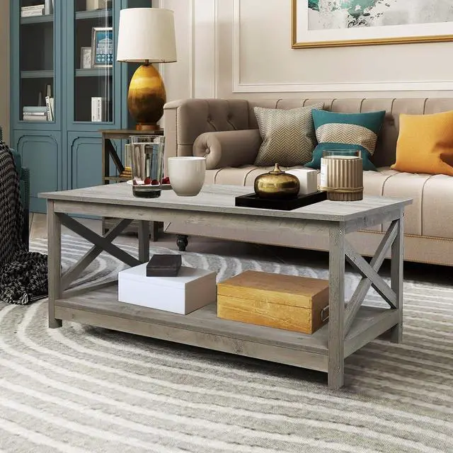 Main image of Rainbow Sophia Coffee Table, Modern Farmhouse Wood Coffee Table with 2-Tier Storage, 40 Inch, Washed Oak