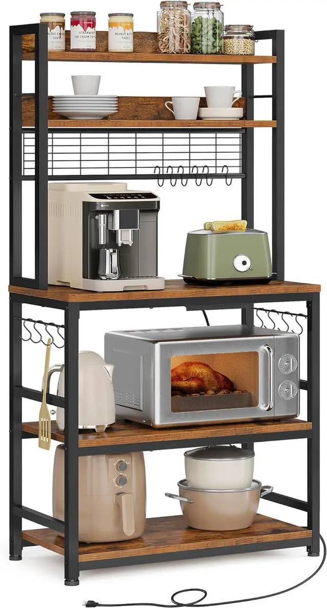Main image of VASAGLE Hutch Bakers Rack with Power Outlet, 14 Hooks Microwave Stand, Adjustable Coffee Bar with Metal Wire Panel, Kitchen Storage Shelf, 15.7 x 31.5 x 66.9 Inches, Rustic Brown and Black UKKS025B01
