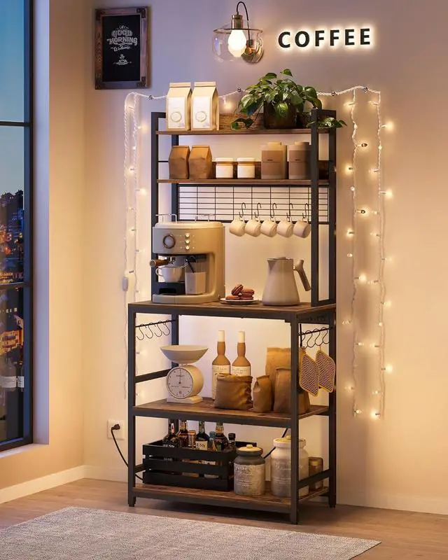 Alt view image 2 of 6 - VASAGLE Hutch Bakers Rack with Power Outlet, 14 Hooks Microwave Stand, Adjustable Coffee Bar with Metal Wire Panel, Kitchen Storage Shelf, 15.7 x 31.5 x 66.9 Inches, Rustic Brown and Black UKKS025B01