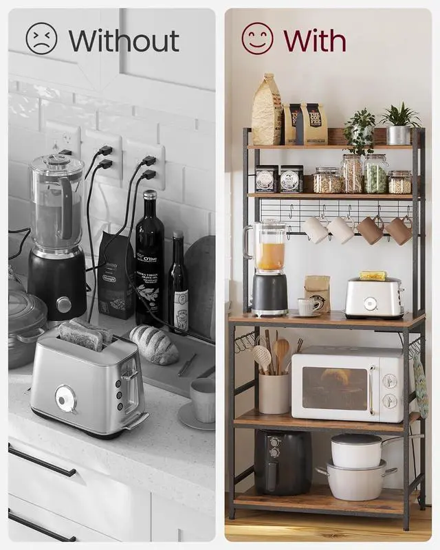 Alt view image 4 of 6 - VASAGLE Hutch Bakers Rack with Power Outlet, 14 Hooks Microwave Stand, Adjustable Coffee Bar with Metal Wire Panel, Kitchen Storage Shelf, 15.7 x 31.5 x 66.9 Inches, Rustic Brown and Black UKKS025B01