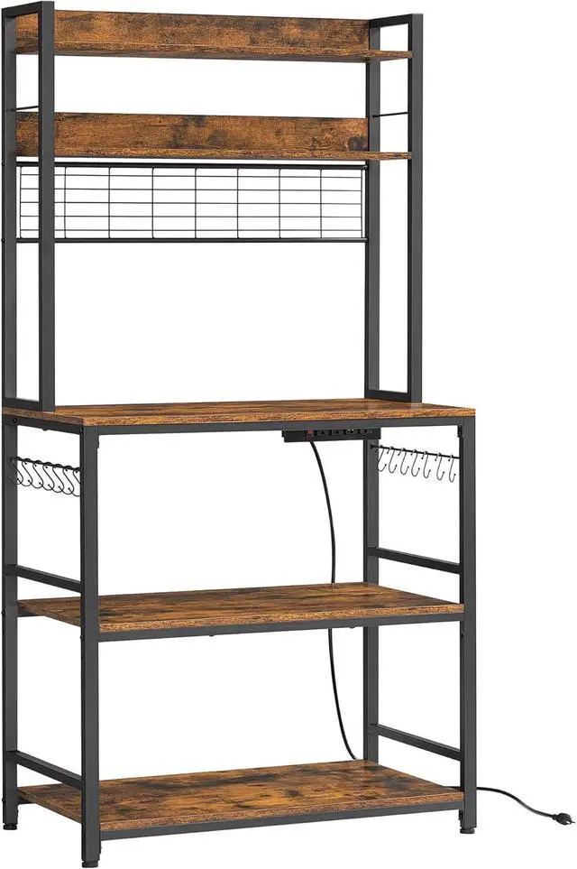 Alt view image 6 of 6 - VASAGLE Hutch Bakers Rack with Power Outlet, 14 Hooks Microwave Stand, Adjustable Coffee Bar with Metal Wire Panel, Kitchen Storage Shelf, 15.7 x 31.5 x 66.9 Inches, Rustic Brown and Black UKKS025B01