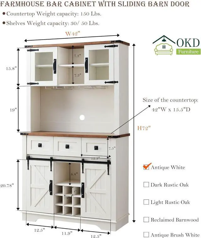 Alt view image 2 of 7 - OKD 72" Farmhosue Bar Cabinet with Sliding Barn Door, Large Kitchen Buffet with Hutch w/Wine & Glasses Rack, 3 Drawers, 12 Storage Shelves, Rustic Coffee Bar Sideboard Table, Antique White