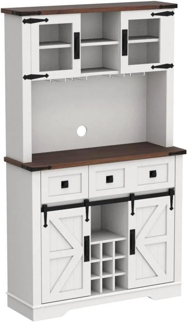 Alt view image 4 of 7 - OKD 72" Farmhosue Bar Cabinet with Sliding Barn Door, Large Kitchen Buffet with Hutch w/Wine & Glasses Rack, 3 Drawers, 12 Storage Shelves, Rustic Coffee Bar Sideboard Table, Antique White