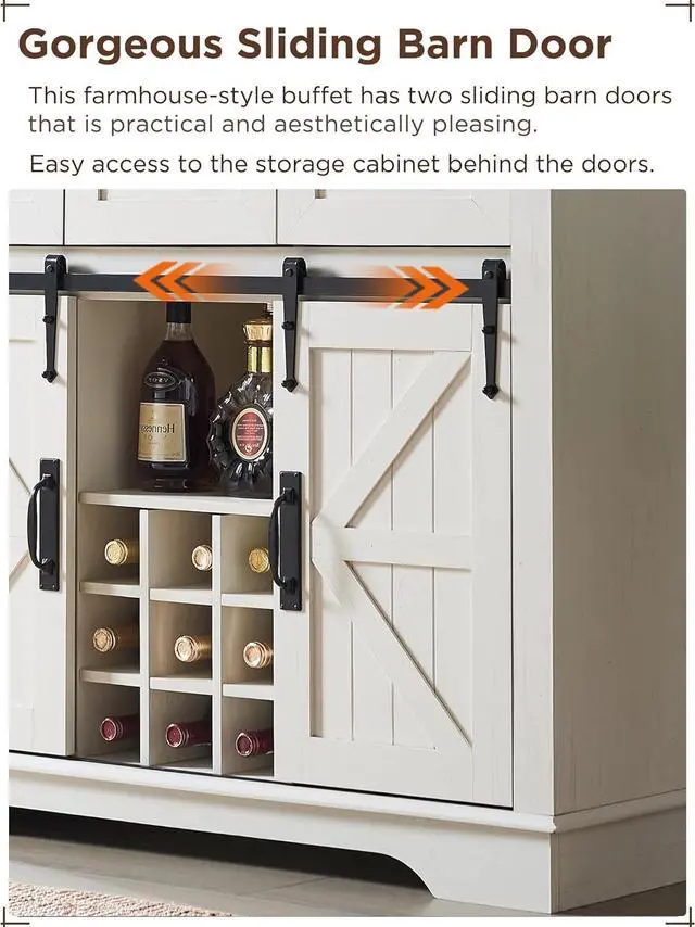 Alt view image 3 of 7 - OKD 72" Farmhosue Bar Cabinet with Sliding Barn Door, Large Kitchen Buffet with Hutch w/Wine & Glasses Rack, 3 Drawers, 12 Storage Shelves, Rustic Coffee Bar Sideboard Table, Antique White