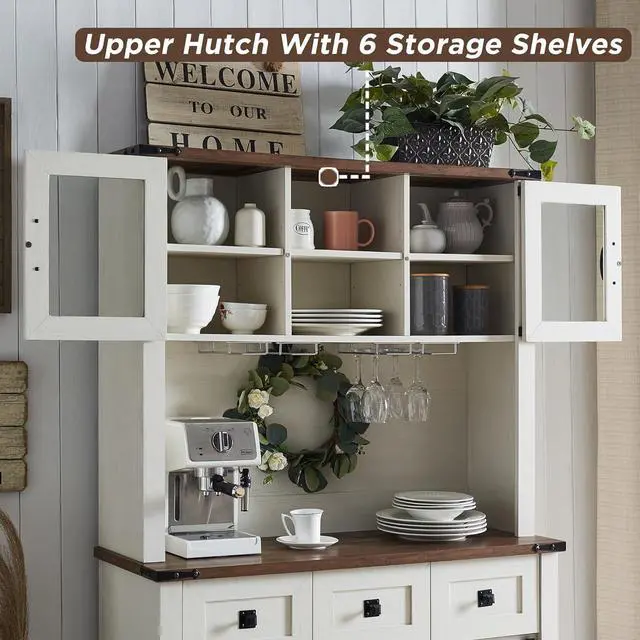 Alt view image 5 of 7 - OKD 72" Farmhosue Bar Cabinet with Sliding Barn Door, Large Kitchen Buffet with Hutch w/Wine & Glasses Rack, 3 Drawers, 12 Storage Shelves, Rustic Coffee Bar Sideboard Table, Antique White