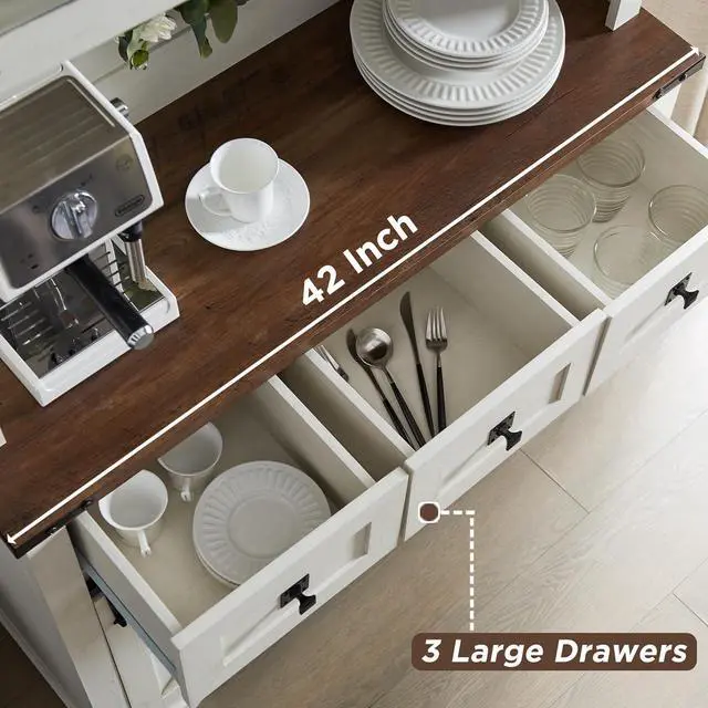 Alt view image 6 of 7 - OKD 72" Farmhosue Bar Cabinet with Sliding Barn Door, Large Kitchen Buffet with Hutch w/Wine & Glasses Rack, 3 Drawers, 12 Storage Shelves, Rustic Coffee Bar Sideboard Table, Antique White