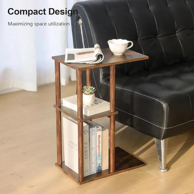 Alt view image 4 of 7 - AWASEN C Shaped End Table, Small Side Table for Couch, 3-Tier Wood Sofa Table Coffee Table for Living Room, Small Space, Bedroom, Home Office, Easy Assembly, Rustic Brown