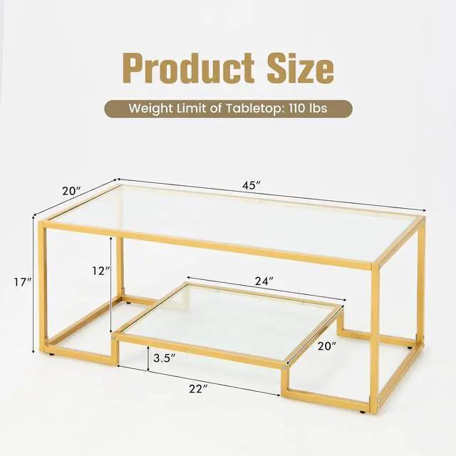Alt view image 3 of 7 - Tangkula Rectangular Glass Coffee Table, 45" Wide Modern Tempered Glass Center Table with Golden Steel Frame, 2 Tier Accent Table for Living Room Home Office (Gold, 45'' Wide)