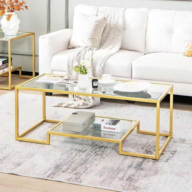 Alt view image 4 of 7 - Tangkula Rectangular Glass Coffee Table, 45" Wide Modern Tempered Glass Center Table with Golden Steel Frame, 2 Tier Accent Table for Living Room Home Office (Gold, 45'' Wide)