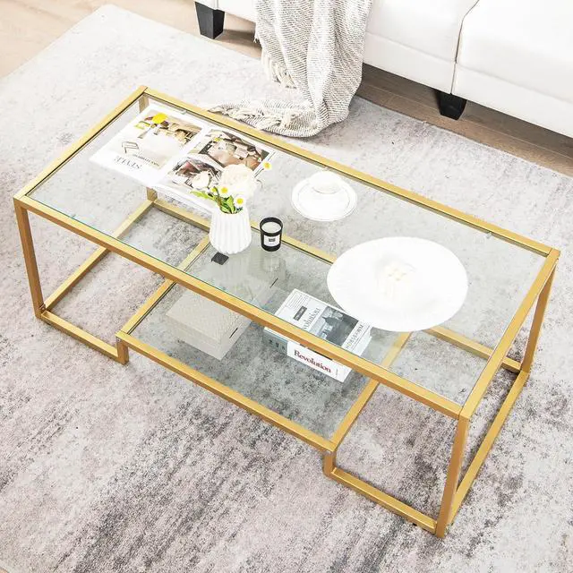 Alt view image 2 of 7 - Tangkula Rectangular Glass Coffee Table, 45" Wide Modern Tempered Glass Center Table with Golden Steel Frame, 2 Tier Accent Table for Living Room Home Office (Gold, 45'' Wide)