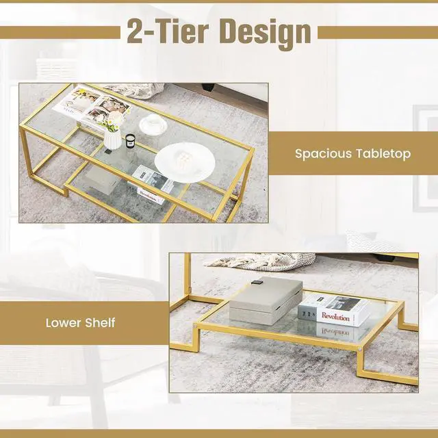 Alt view image 6 of 7 - Tangkula Rectangular Glass Coffee Table, 45" Wide Modern Tempered Glass Center Table with Golden Steel Frame, 2 Tier Accent Table for Living Room Home Office (Gold, 45'' Wide)