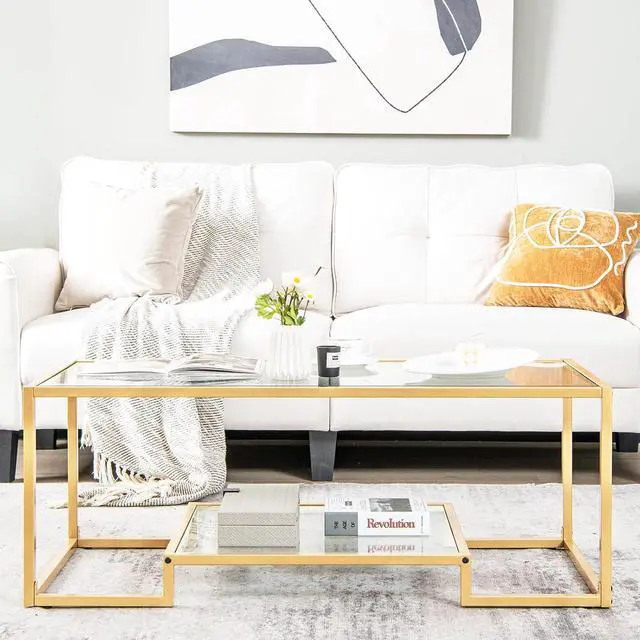 Alt view image 5 of 7 - Tangkula Rectangular Glass Coffee Table, 45" Wide Modern Tempered Glass Center Table with Golden Steel Frame, 2 Tier Accent Table for Living Room Home Office (Gold, 45'' Wide)