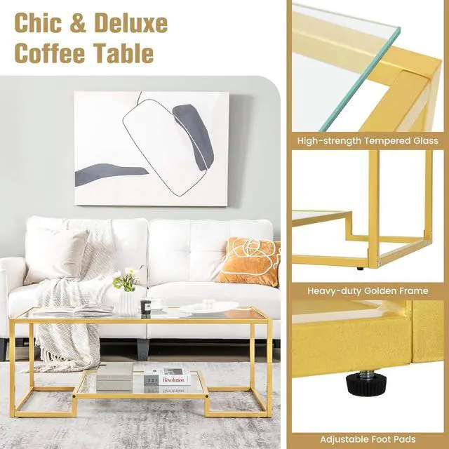 Alt view image 7 of 7 - Tangkula Rectangular Glass Coffee Table, 45" Wide Modern Tempered Glass Center Table with Golden Steel Frame, 2 Tier Accent Table for Living Room Home Office (Gold, 45'' Wide)