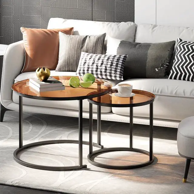 Alt view image 2 of 7 - aboxoo Nesting Coffee Table Set of 2, Small Round Glass Nesting Tables for Living Room Bedroom, Accent Tea Table with Metal Frame Modern Industrial Simple