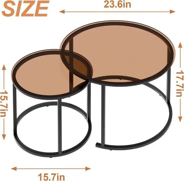 Alt view image 3 of 7 - aboxoo Nesting Coffee Table Set of 2, Small Round Glass Nesting Tables for Living Room Bedroom, Accent Tea Table with Metal Frame Modern Industrial Simple
