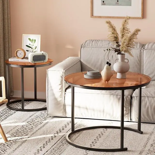 Alt view image 4 of 7 - aboxoo Nesting Coffee Table Set of 2, Small Round Glass Nesting Tables for Living Room Bedroom, Accent Tea Table with Metal Frame Modern Industrial Simple