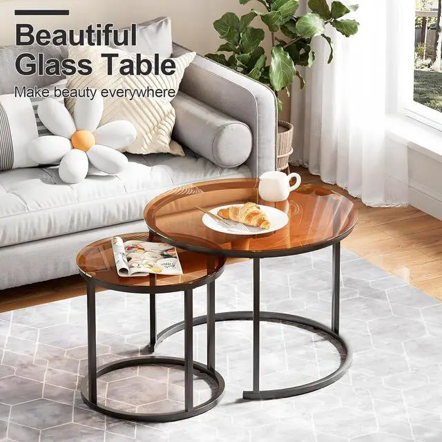 Alt view image 5 of 7 - aboxoo Nesting Coffee Table Set of 2, Small Round Glass Nesting Tables for Living Room Bedroom, Accent Tea Table with Metal Frame Modern Industrial Simple