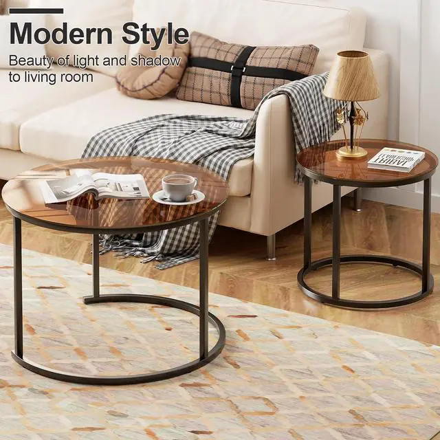 Alt view image 6 of 7 - aboxoo Nesting Coffee Table Set of 2, Small Round Glass Nesting Tables for Living Room Bedroom, Accent Tea Table with Metal Frame Modern Industrial Simple