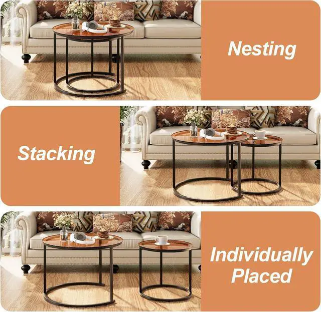 Alt view image 7 of 7 - aboxoo Nesting Coffee Table Set of 2, Small Round Glass Nesting Tables for Living Room Bedroom, Accent Tea Table with Metal Frame Modern Industrial Simple