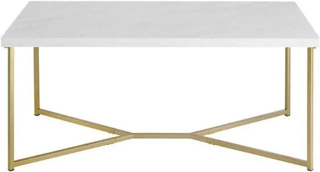 Main image of Walker Edison Mid Century Modern Marble Gold Rectangle Coffee Table Living Room Accent Ottoman Storage Shelf, 42 Inch, Marble and Gold