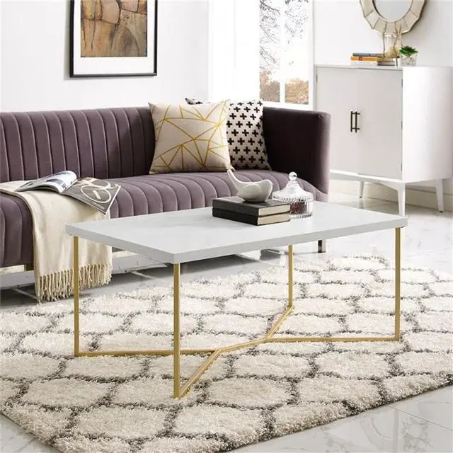Alt view image 2 of 7 - Walker Edison Mid Century Modern Marble Gold Rectangle Coffee Table Living Room Accent Ottoman Storage Shelf, 42 Inch, Marble and Gold
