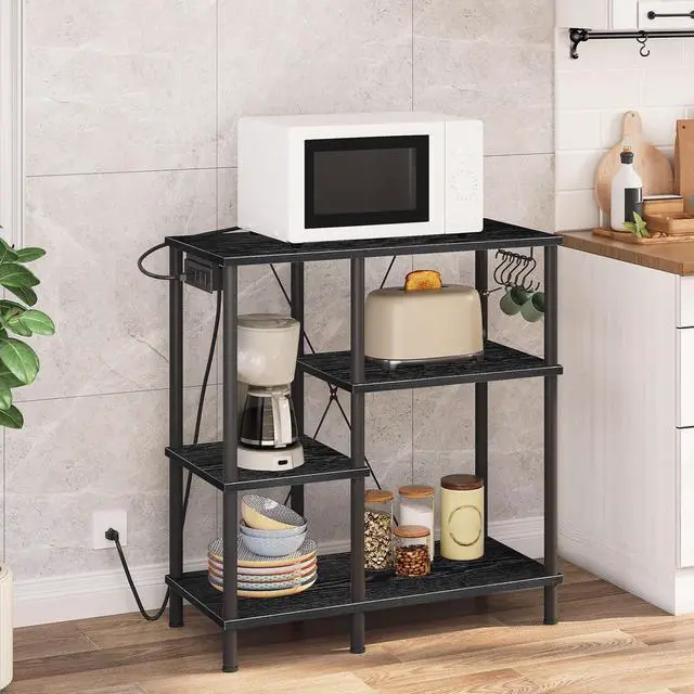 Alt view image 2 of 7 - HOOBRO Bakers Rack with Power Outlet, Microwave Stand with 5 S-Shaped Hooks, Coffee Bar, Kitchen Storage Shelf, for Kitchen, Living Room, Black BB07UHB01