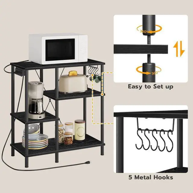 Alt view image 4 of 7 - HOOBRO Bakers Rack with Power Outlet, Microwave Stand with 5 S-Shaped Hooks, Coffee Bar, Kitchen Storage Shelf, for Kitchen, Living Room, Black BB07UHB01
