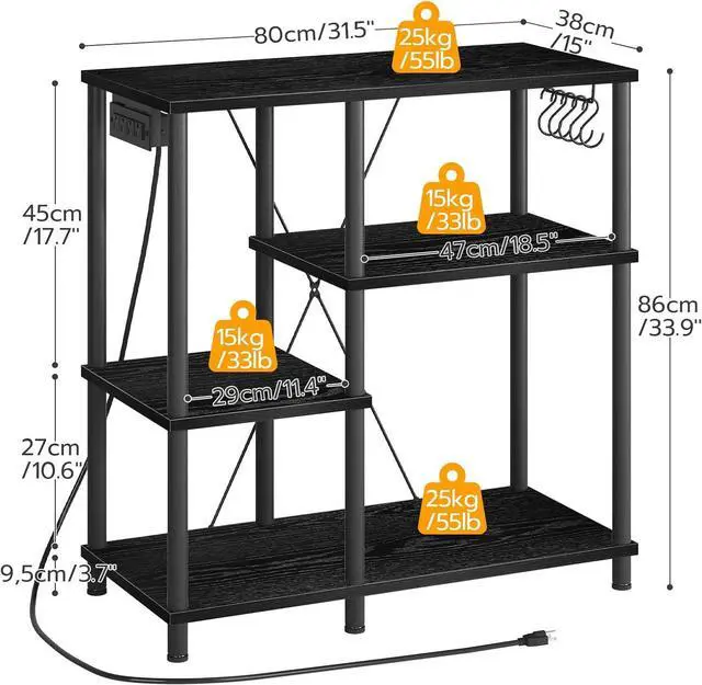 Alt view image 3 of 7 - HOOBRO Bakers Rack with Power Outlet, Microwave Stand with 5 S-Shaped Hooks, Coffee Bar, Kitchen Storage Shelf, for Kitchen, Living Room, Black BB07UHB01