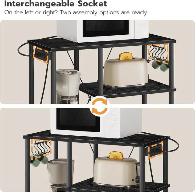 Alt view image 6 of 7 - HOOBRO Bakers Rack with Power Outlet, Microwave Stand with 5 S-Shaped Hooks, Coffee Bar, Kitchen Storage Shelf, for Kitchen, Living Room, Black BB07UHB01