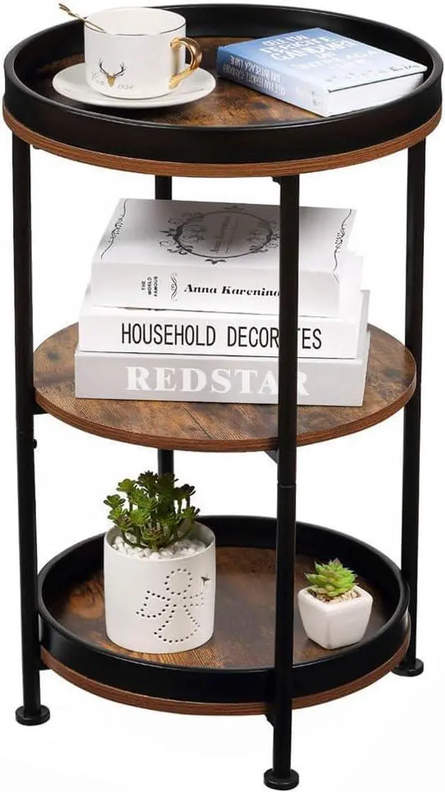 Main image of Dulcii Side Table, Round End Table with 3 Storage Shelves for Living Room, Bedroom, Nightstand with Steel Frame for Small Spaces, Industrial Round Sofa Table, Outdoor Accent Coffee Table, Rustic Brown